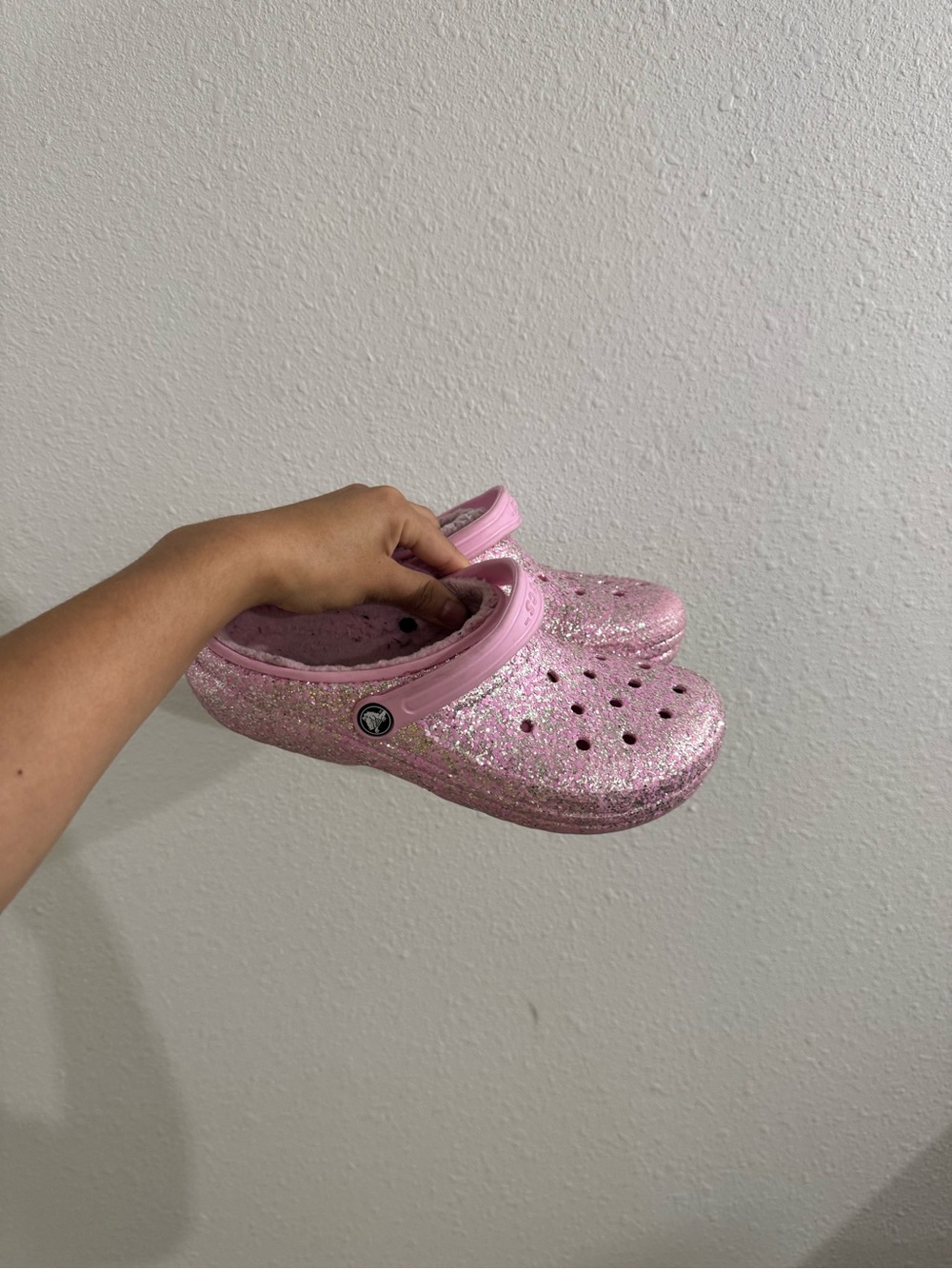 Pink sparkly crocs
